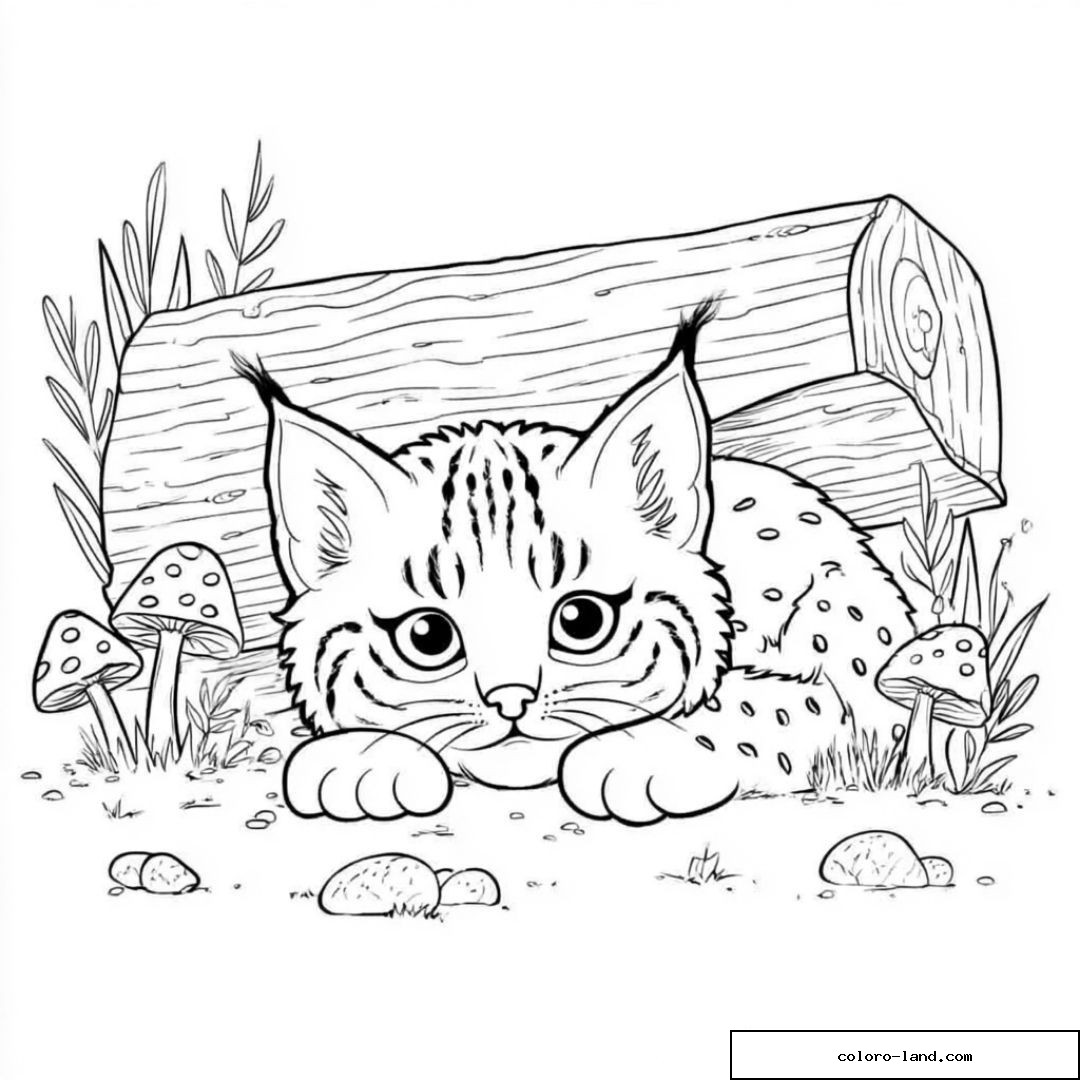 Dessin de lynx caché sous une bûche avec champignons et plantes.