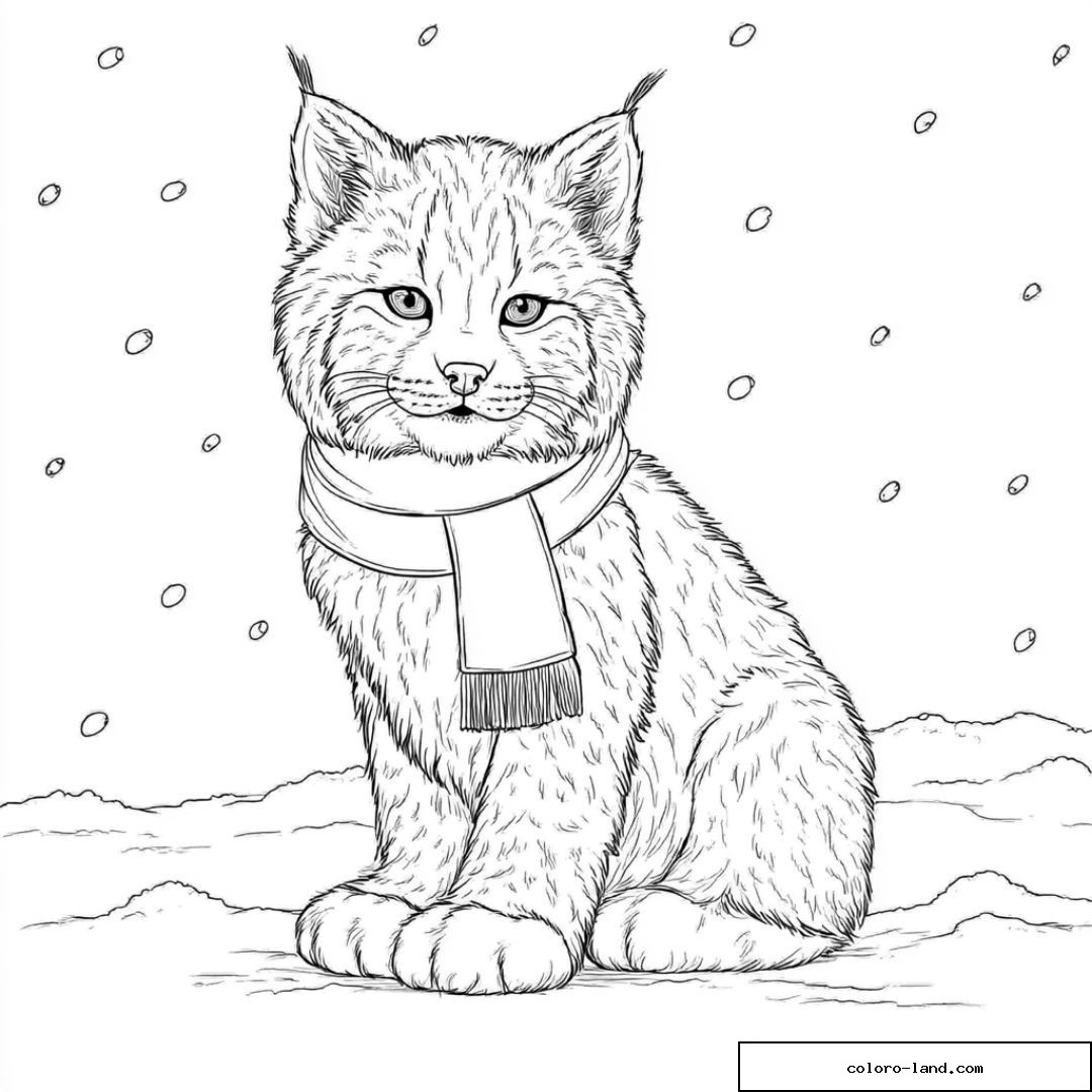 Coloriage lynx avec écharpe dans la neige