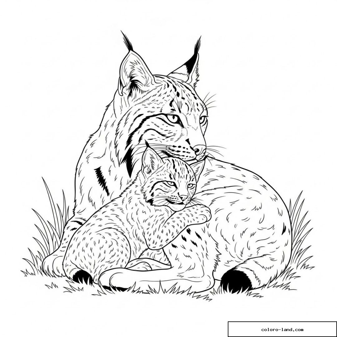Dessin de lynx et son petit dans l’herbe à colorier.