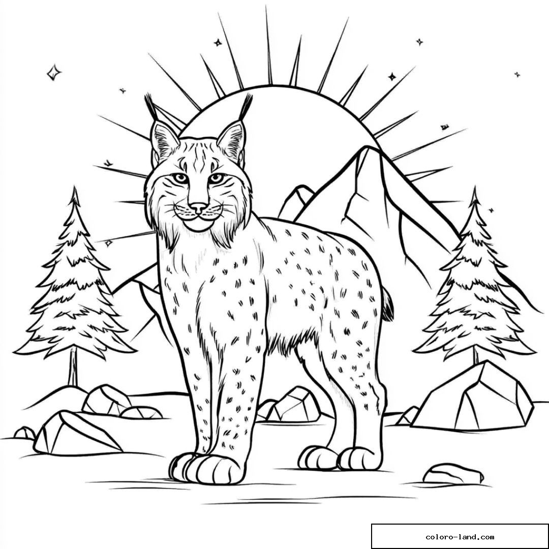 Dessin de lynx dans un paysage montagneux avec sapins et soleil