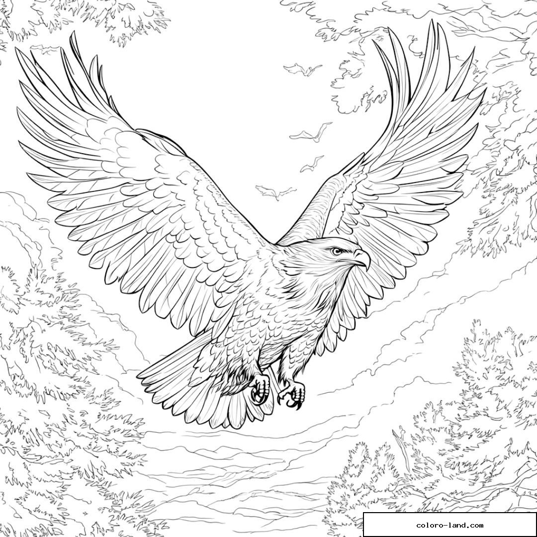 Coloriage aigle majestueux volant au-dessus d'une forêt.