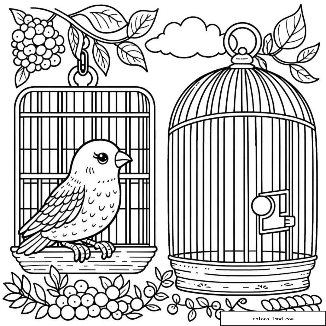 Un canari contemplant la liberté à côté d'une cage ouverte