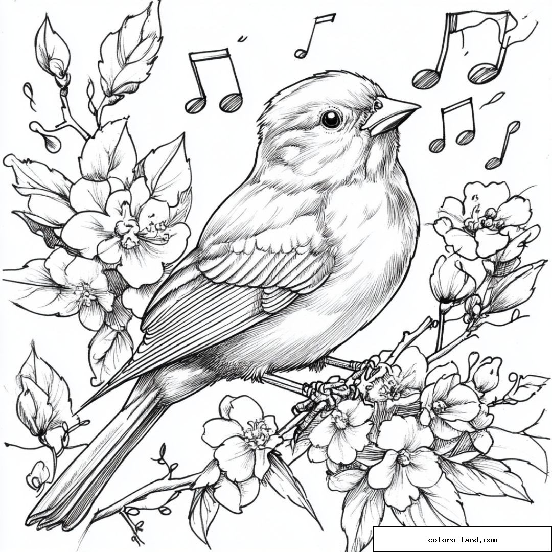 Oiseau chantant avec fleurs et notes de musique à colorier.