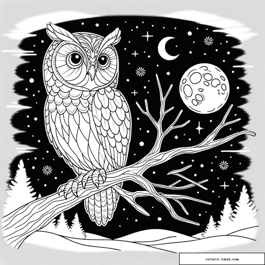 Une chouette mystérieuse sous la lune à colorier