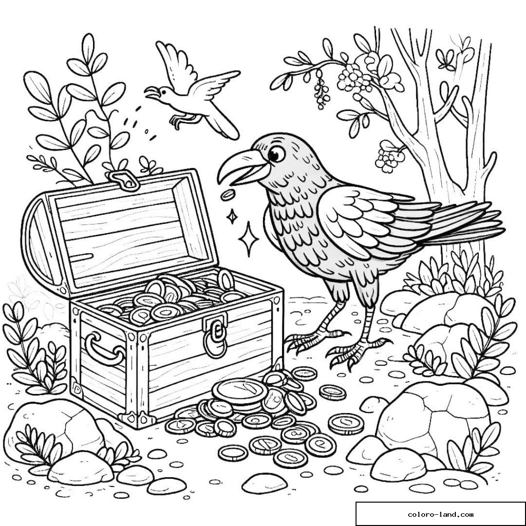 Un corbeau découvrant un trésor caché à colorier