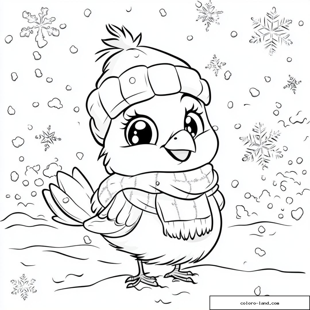 Oiseau mignon avec bonnet et écharpe sous la neige