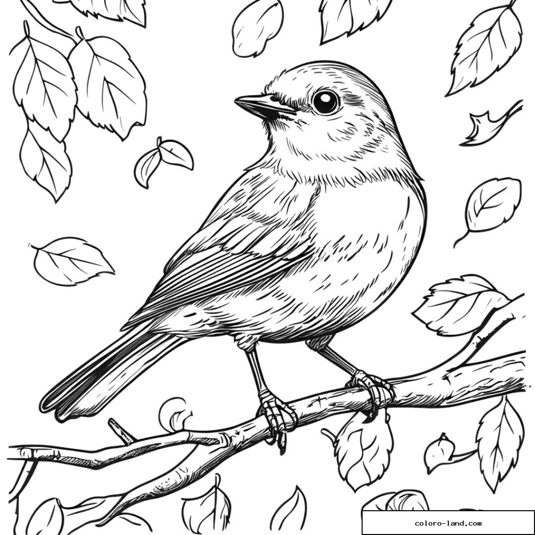 Dessin d'un oiseau perché sur une branche entouré de feuilles