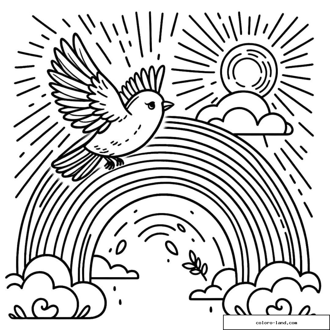 Un oiseau volant près d'un arc-en-ciel à colorier