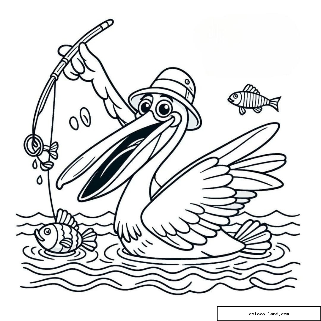 Un pélican capturant un poisson à colorier