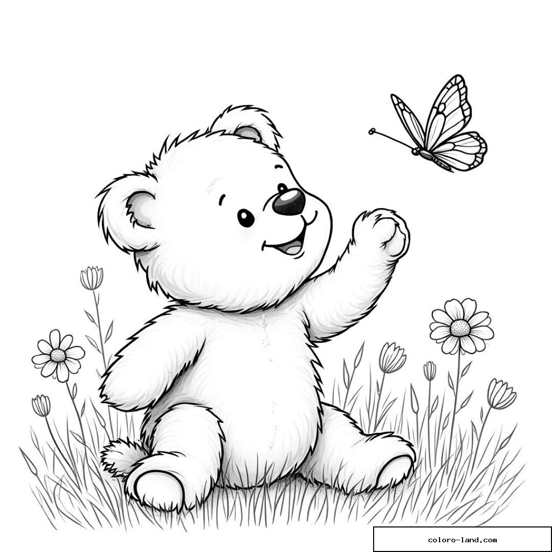 Ourson mignon jouant avec un papillon dans un champ fleuri.
