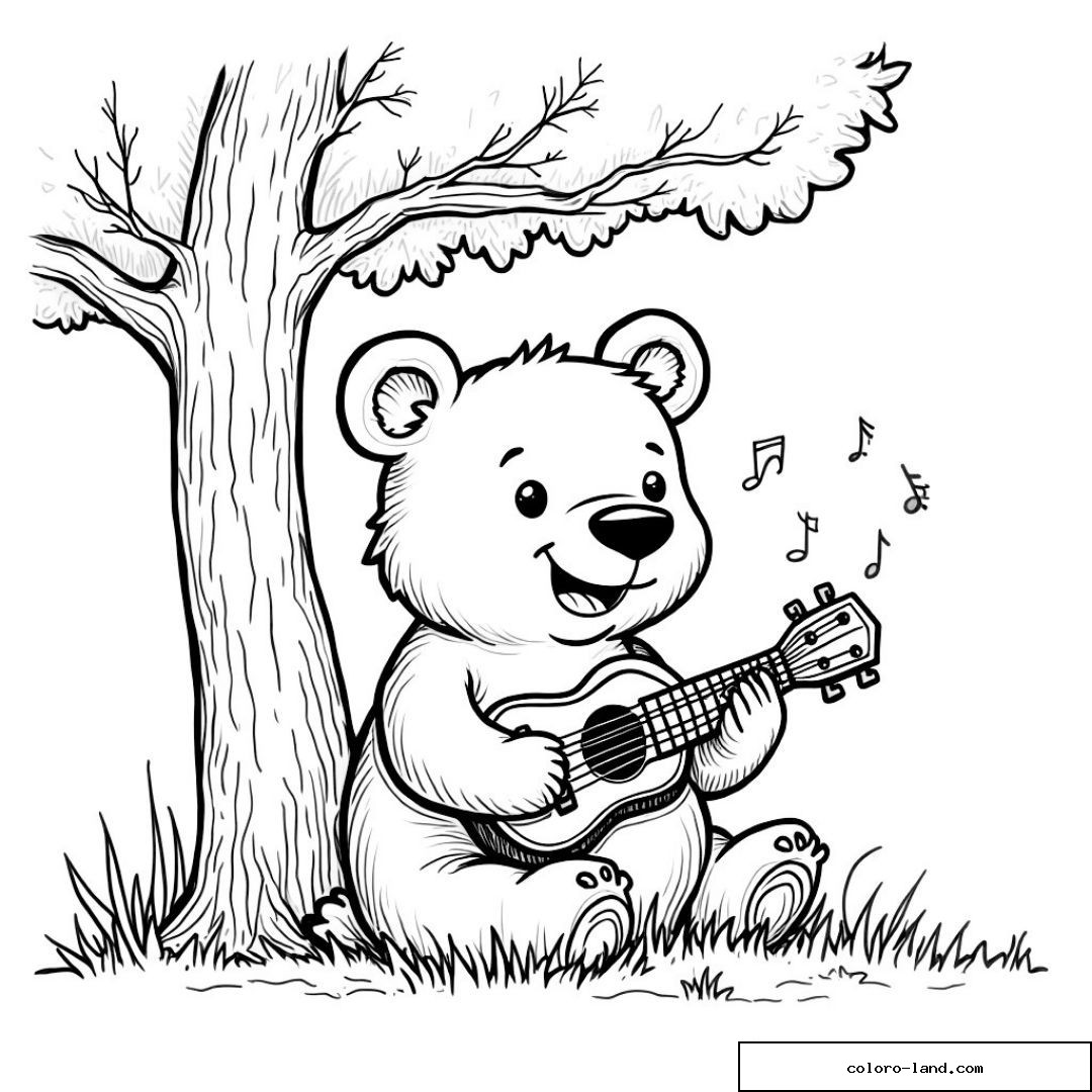 Ours mignon jouant de la guitare sous un arbre avec notes de musique.