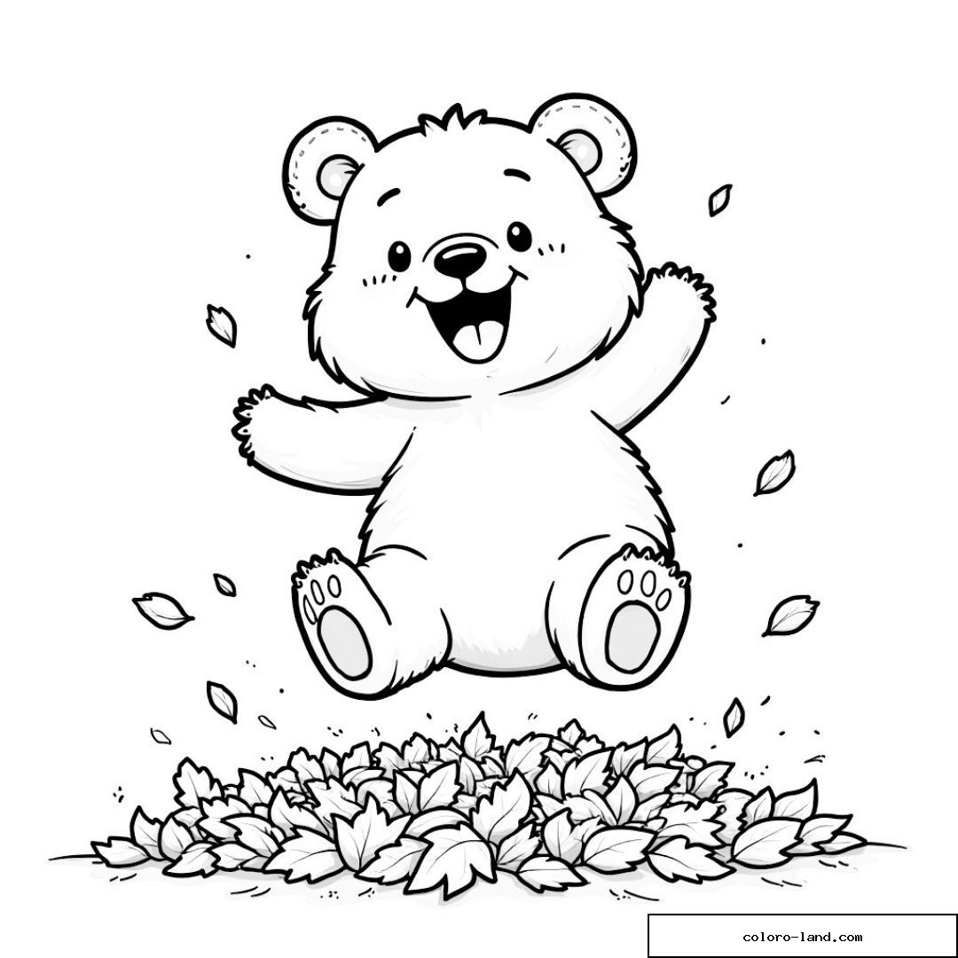 Ourson mignon sautant dans des feuilles d'automne