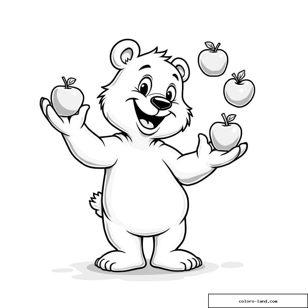 Dessin de petit ours jonglant joyeusement avec des pommes.