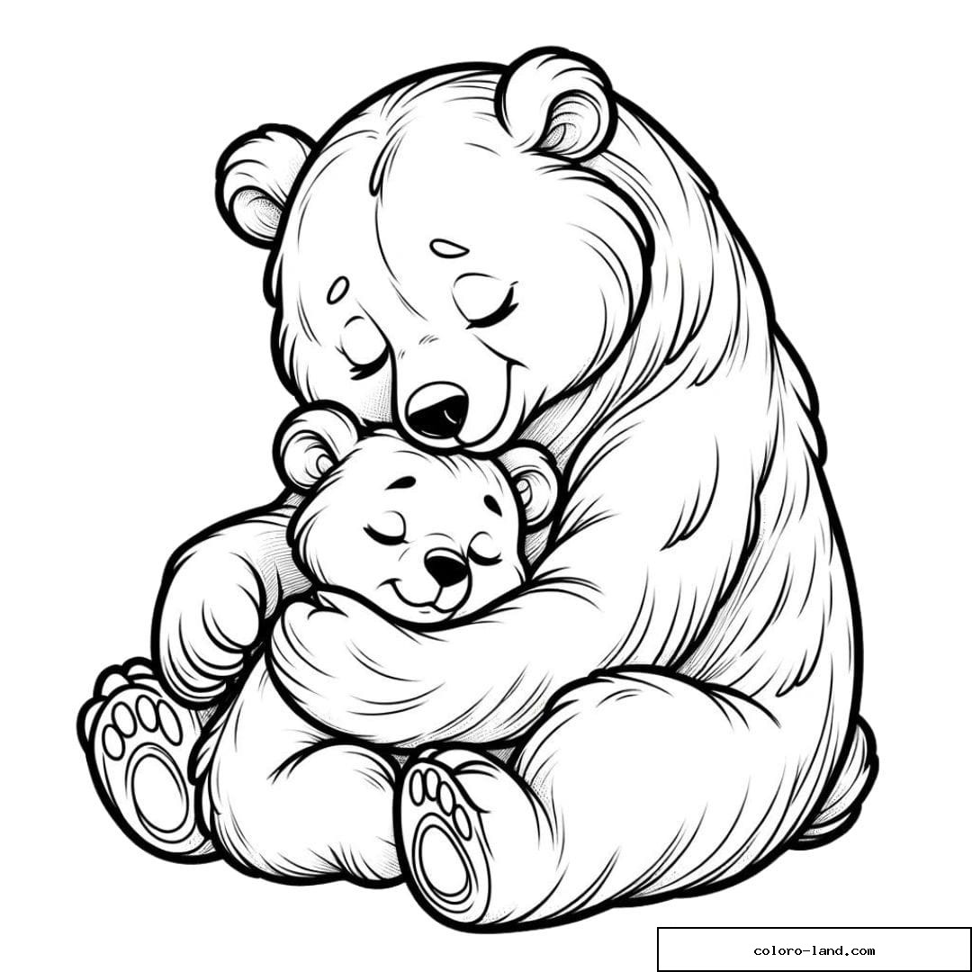 Maman ours câlinant son ourson en dessin à colorier.