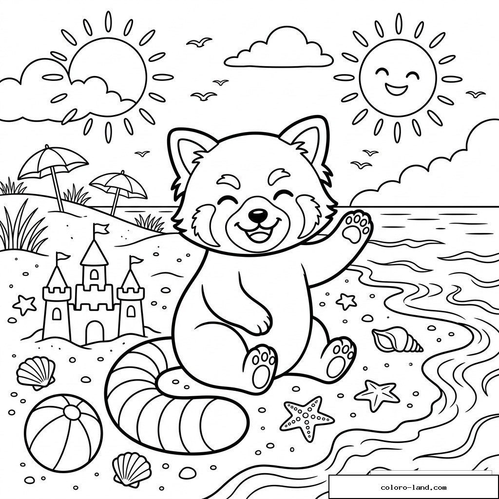 Coloriage panda roux à la plage avec château de sable, coquillages, parasols, vagues et soleils
