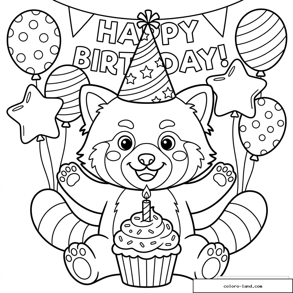 Coloriage panda roux anniversaire avec cupcake, bougie, chapeau de fête, ballons et message Happy Birthday