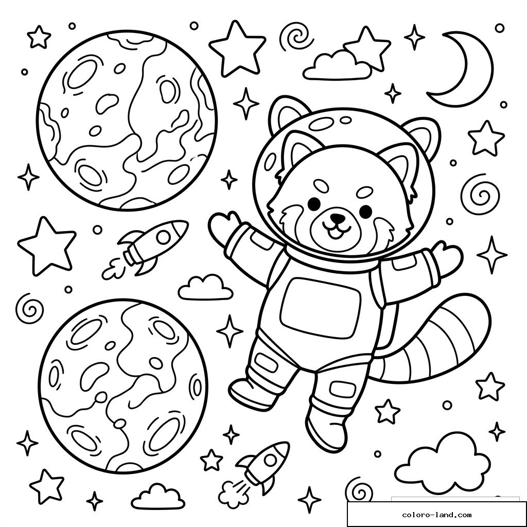 Coloriage panda roux astronaute dans l’espace avec planètes, fusées, étoiles et lune