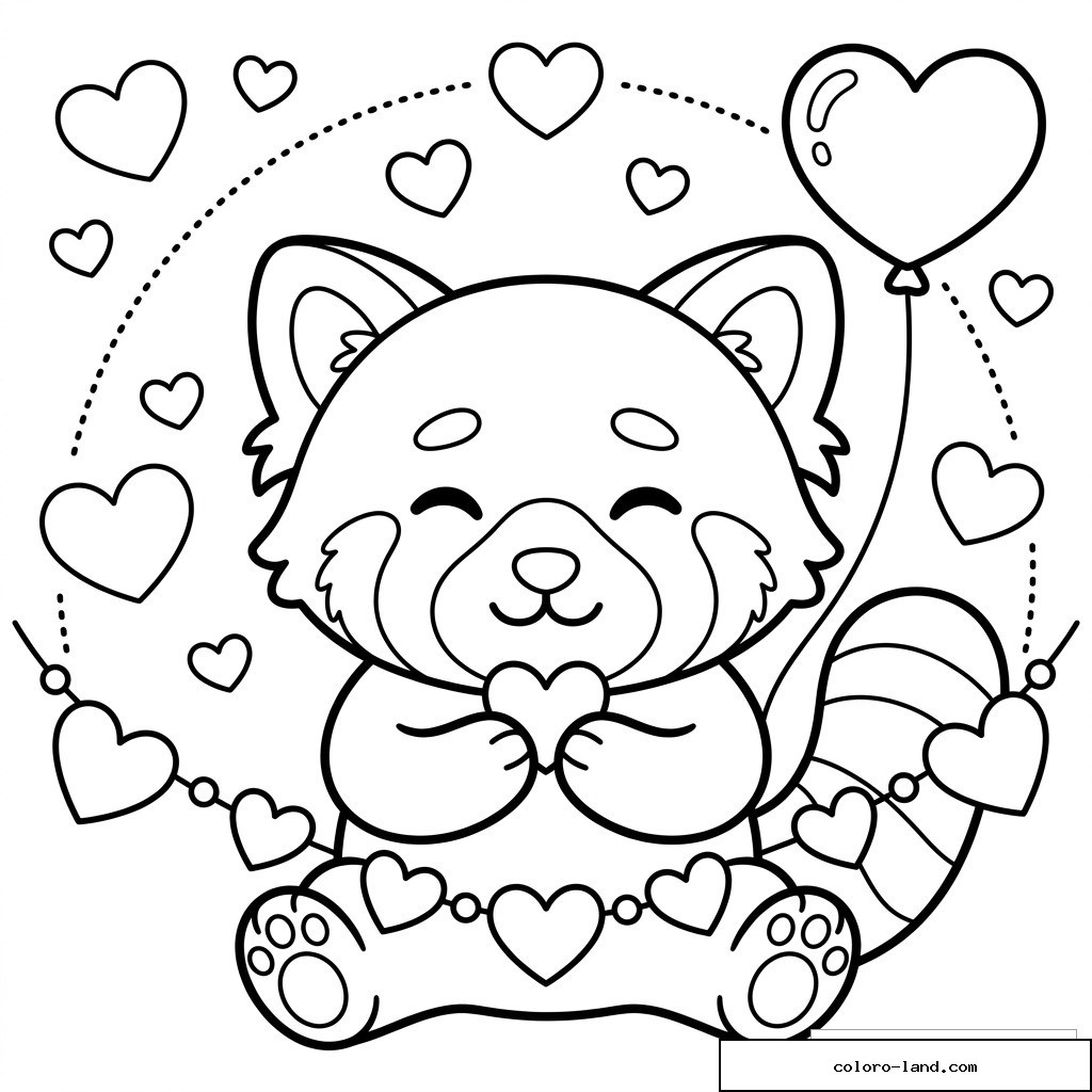 Coloriage panda roux tenant un cœur, avec ballon cœur, guirlande et petits cœurs à imprimer