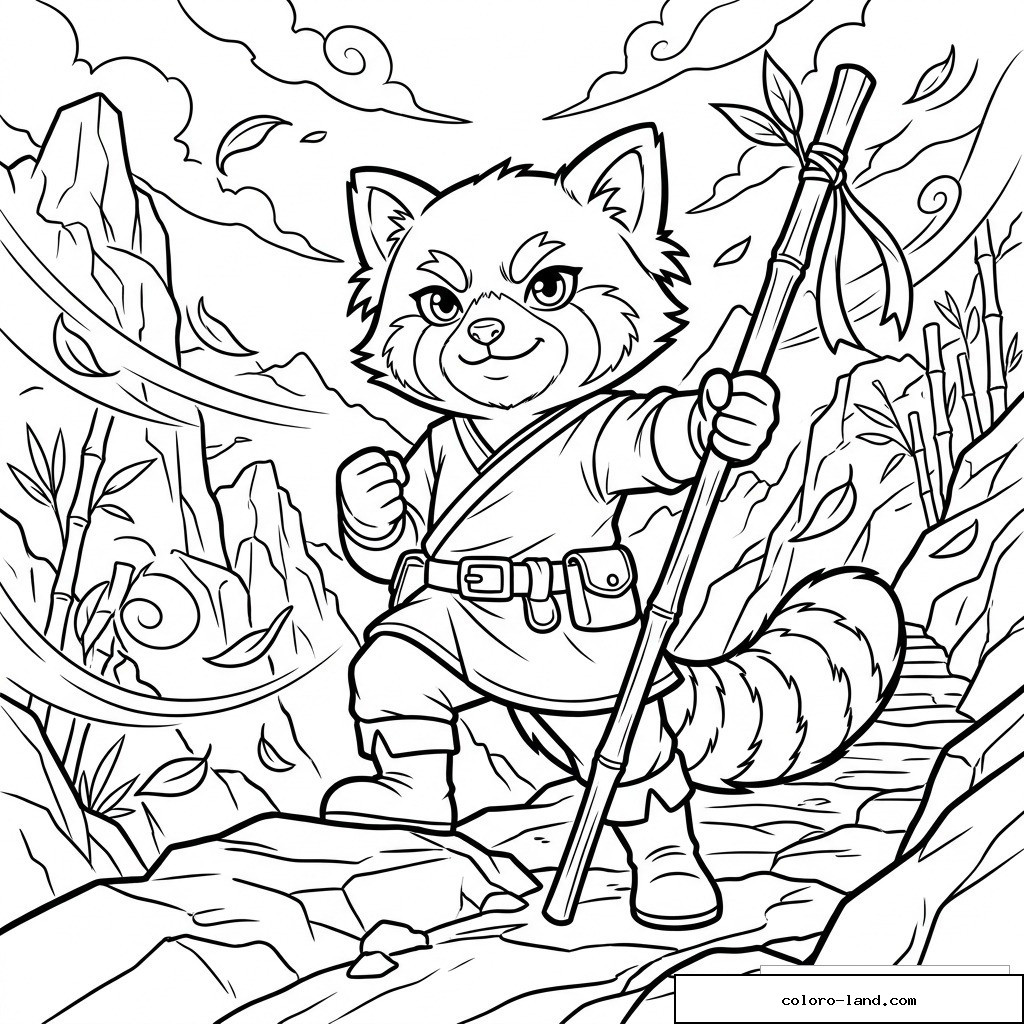 Coloriage panda roux aventurier avec bâton de bambou dans les montagnes