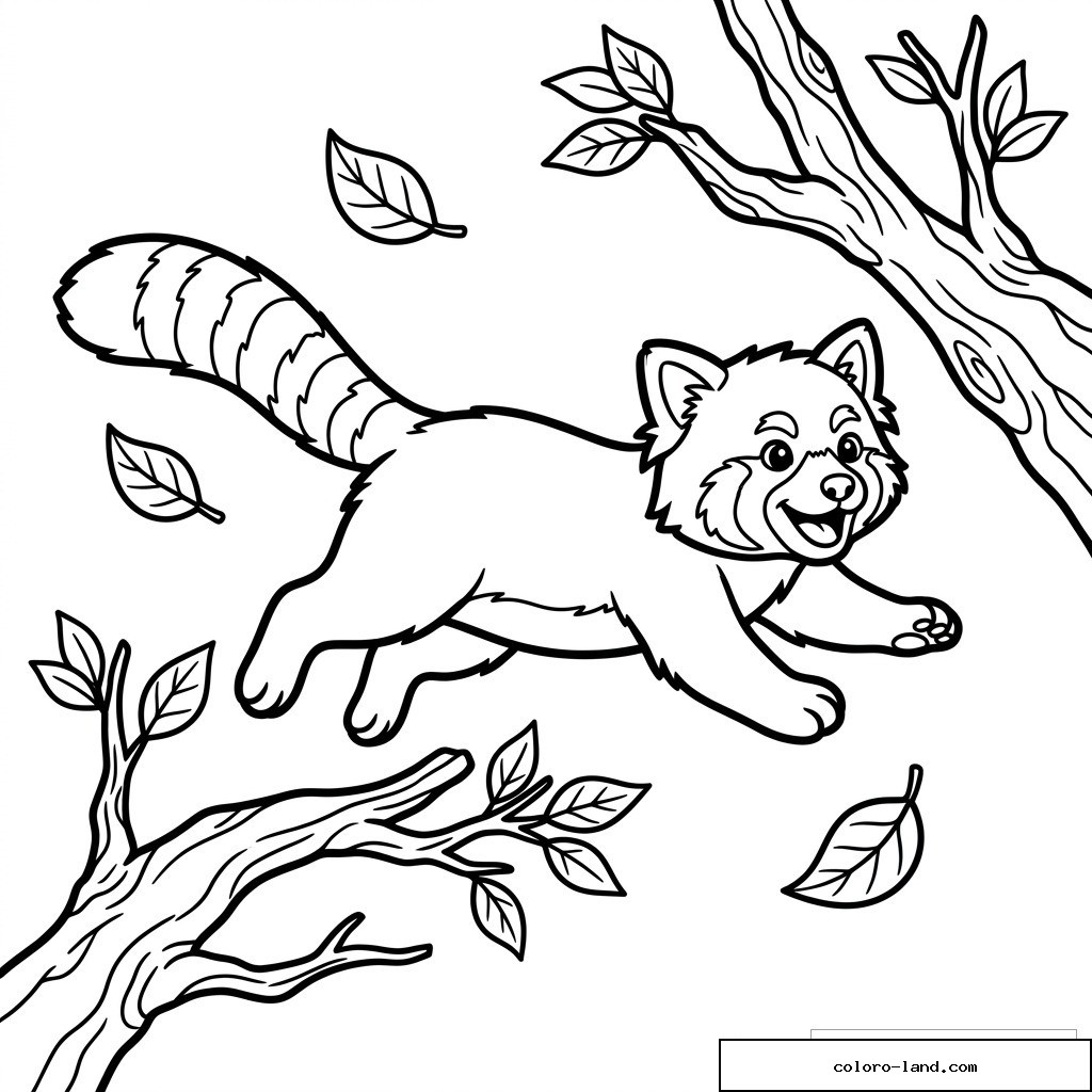 Coloriage panda roux bondissant entre des branches d’arbre avec feuilles et queue rayée