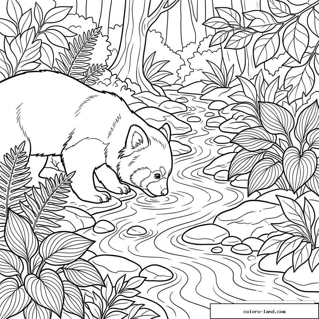 Coloriage panda roux buvant dans un ruisseau de forêt avec feuillages, fougères, galets et troncs