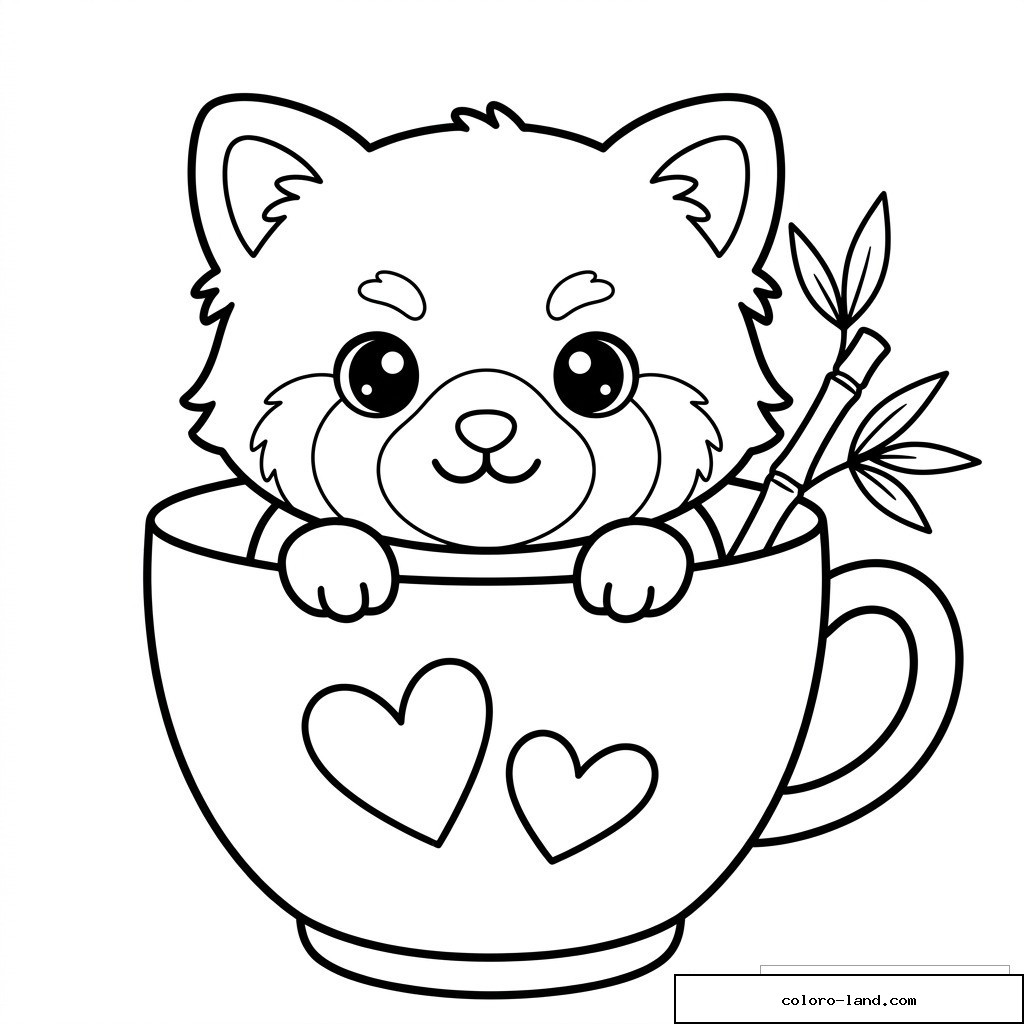 Coloriage panda roux dans une tasse avec cœurs et tiges de bambou à imprimer