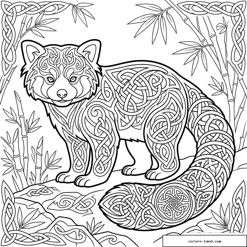 Coloriage panda roux avec motifs celtiques, queue décorée, bambous et frises entrelacées