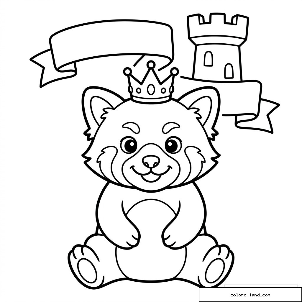 Coloriage panda roux couronné assis devant des rubans et une tour de château