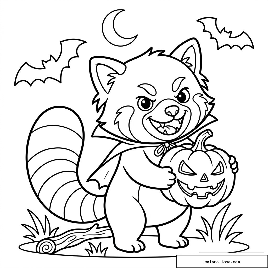 Coloriage panda roux Halloween avec cape, citrouille sculptée, chauves-souris et lune