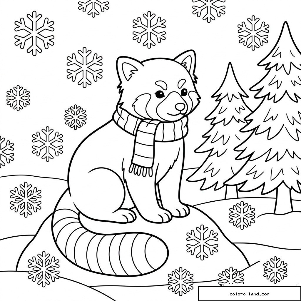 Coloriage panda roux avec écharpe dans la neige, flocons et sapins d’hiver