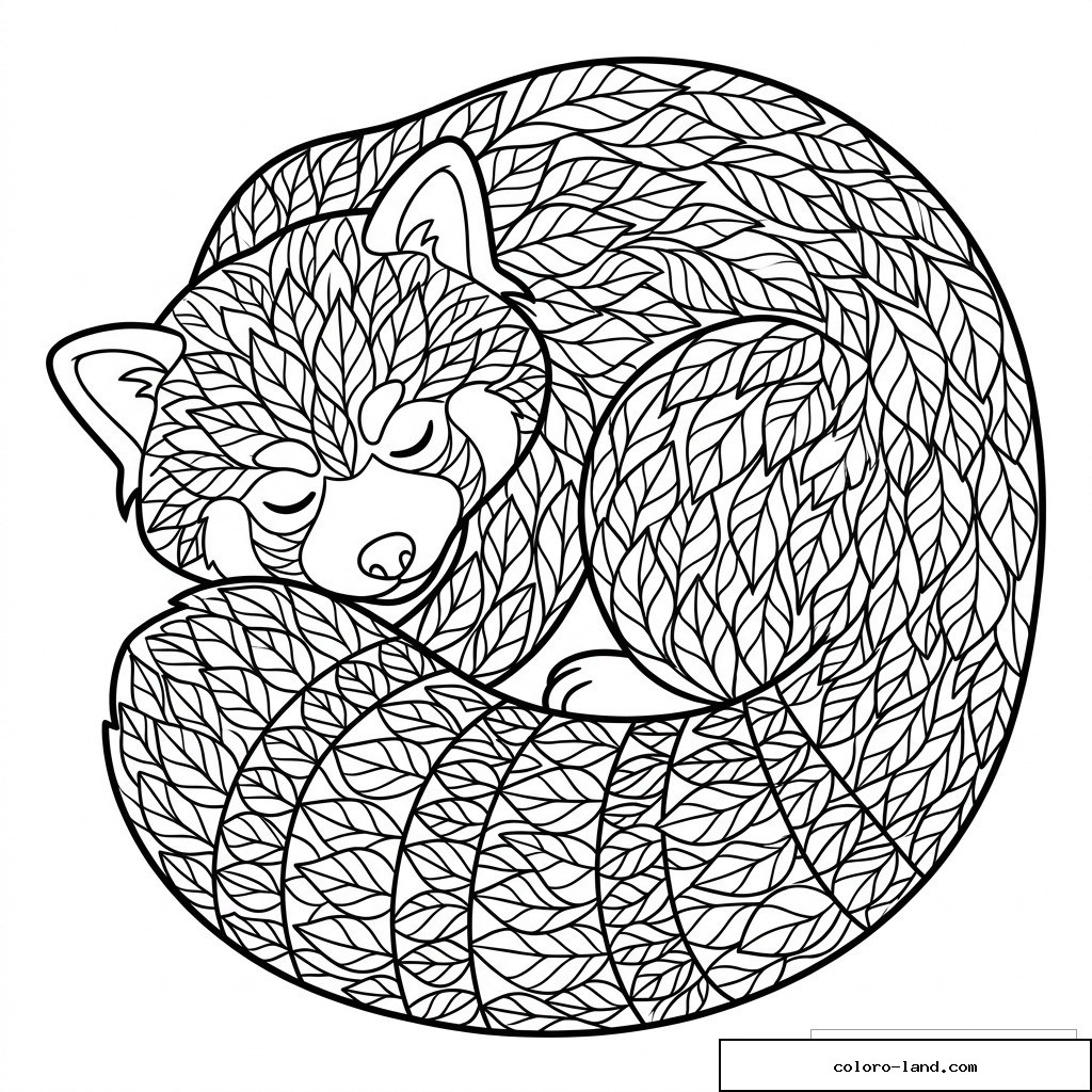 Coloriage panda roux endormi en boule avec pelage rempli de motifs de feuilles