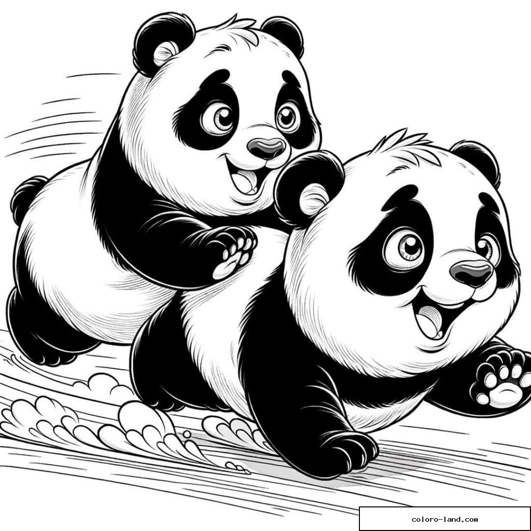 Course amicale de pandas à colorier