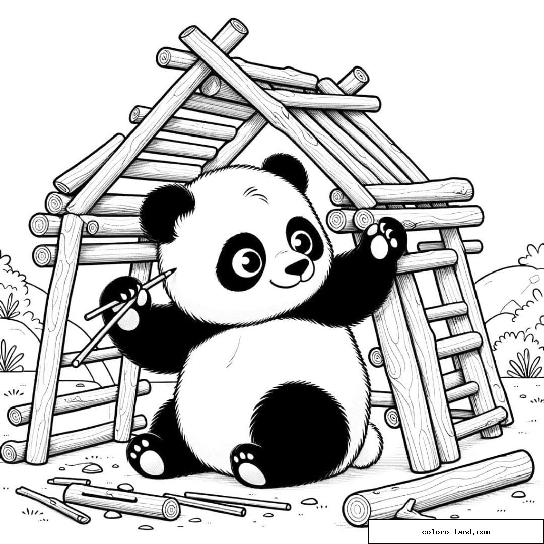 Coloriage d'un panda construisant un abri avec des branches