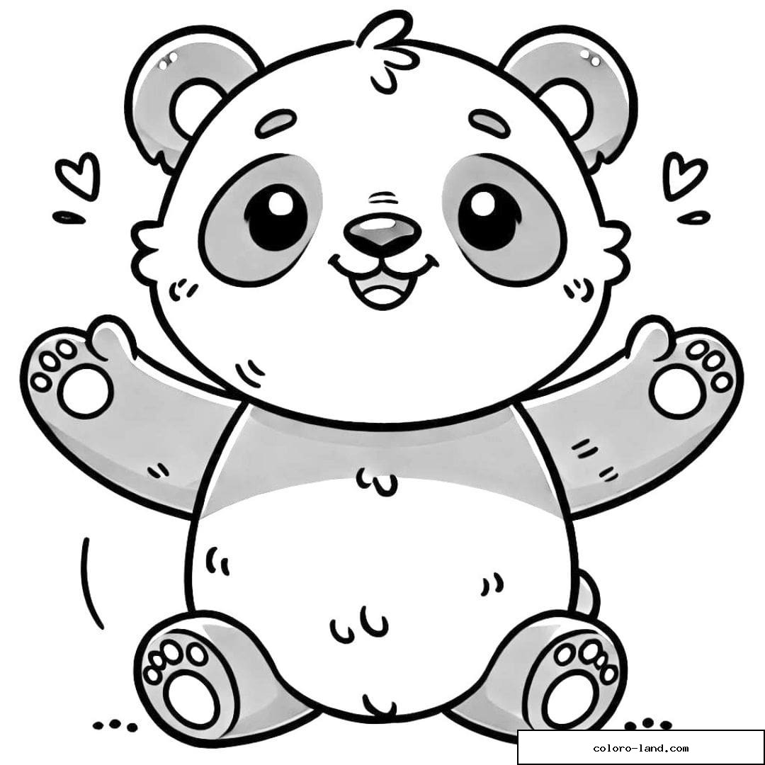 Dessin à colorier d'un panda debout, bras écartés, souriant, pour les enfants.