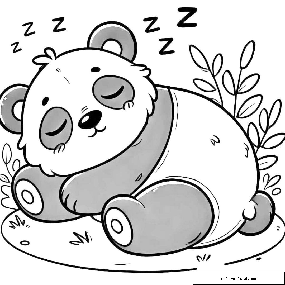 Dessin à colorier d'un panda endormi sur le dos, pour les enfants.