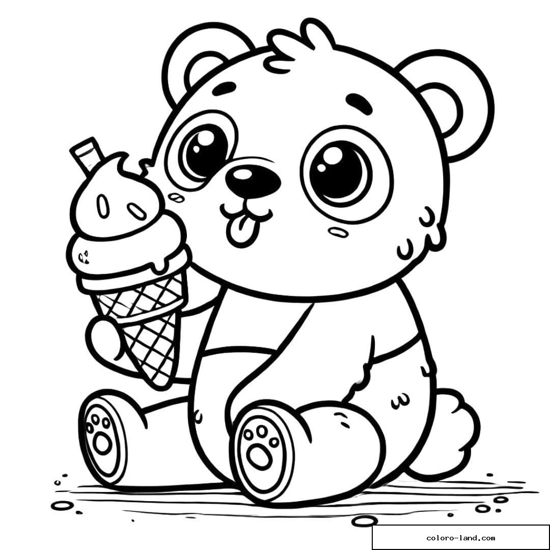Dessin à colorier d'un panda en style cartoon mangeant une glace, pour les enfants.