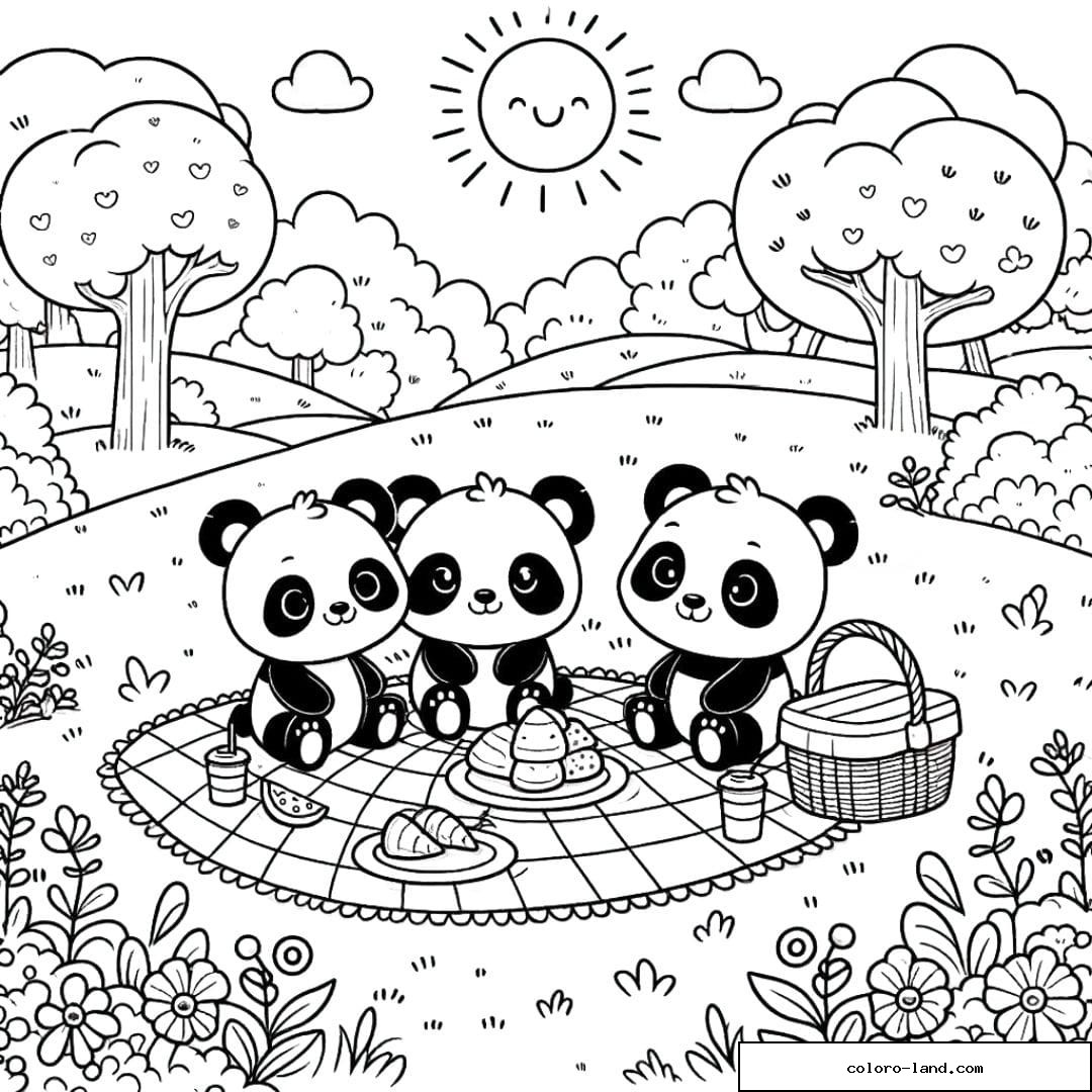 Panda faisant un pique-nique en famille à imprimer et colorier