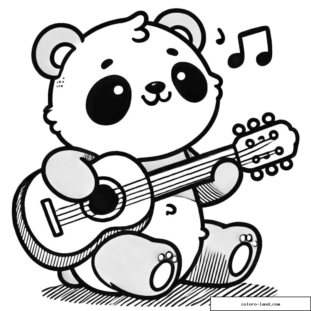 Dessin à colorier d'un panda stylisé jouant de la guitare, pour les enfants.