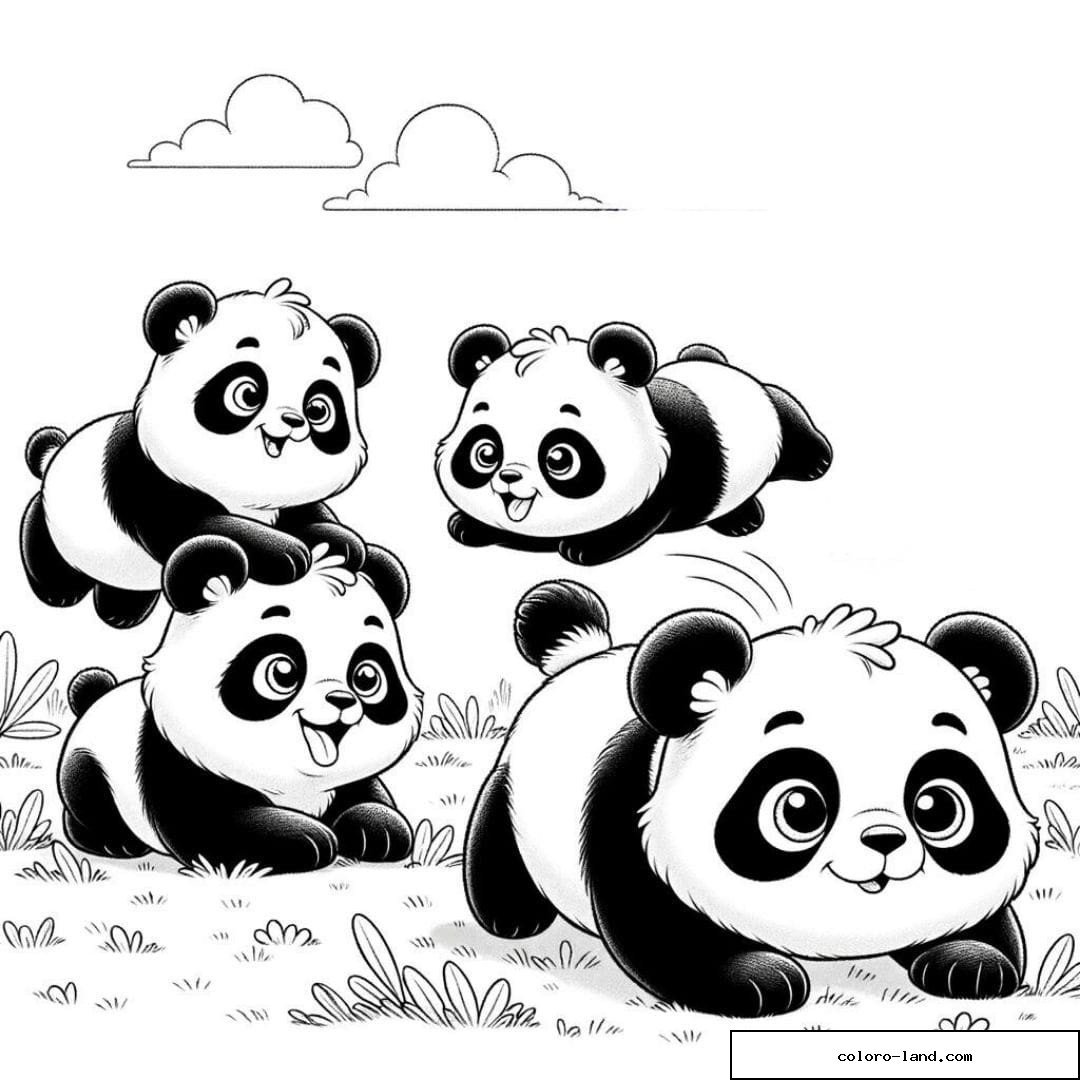 Panda jouant à saute-mouton avec ses amis à colorier