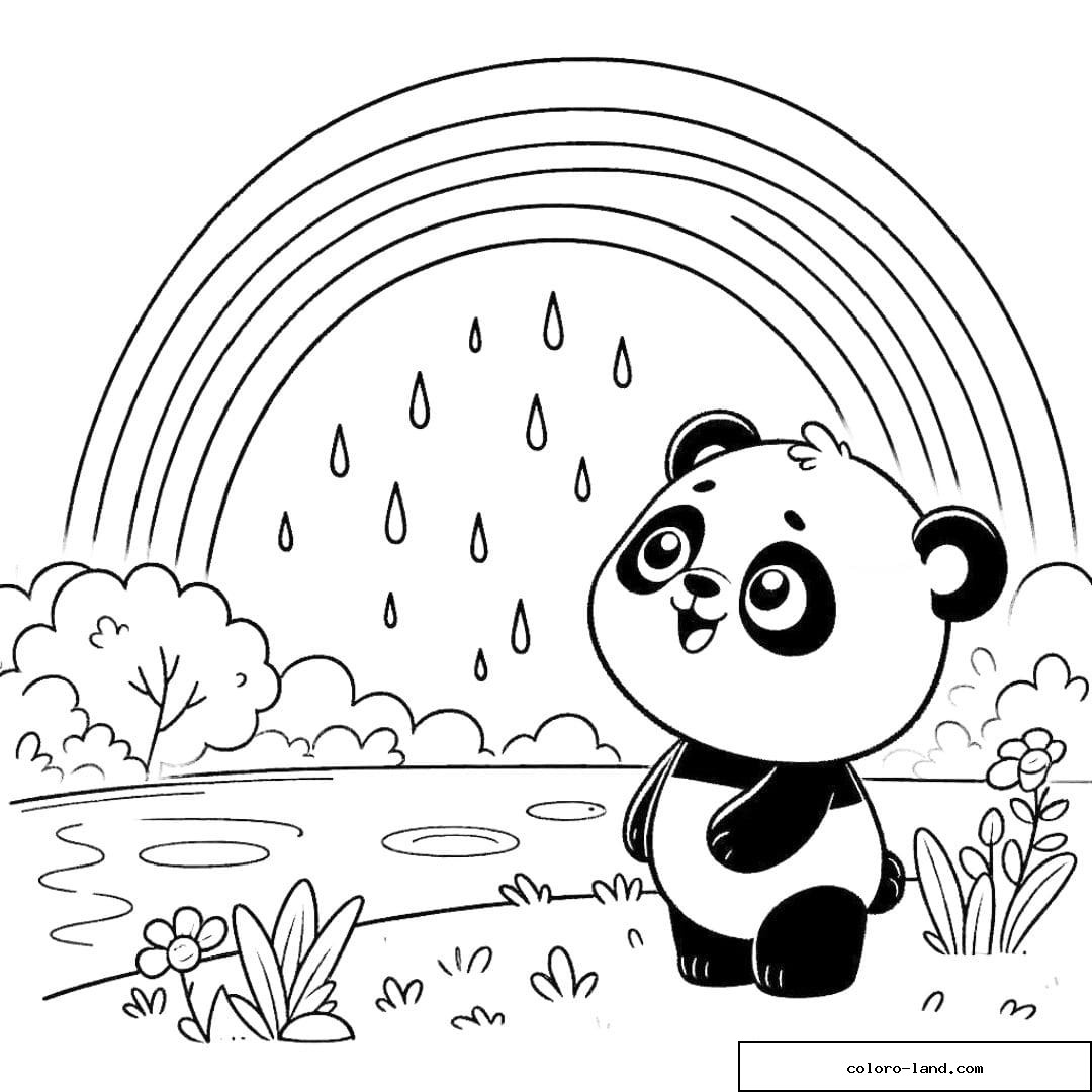 Panda observant un arc-en-ciel après une pluie à colorier