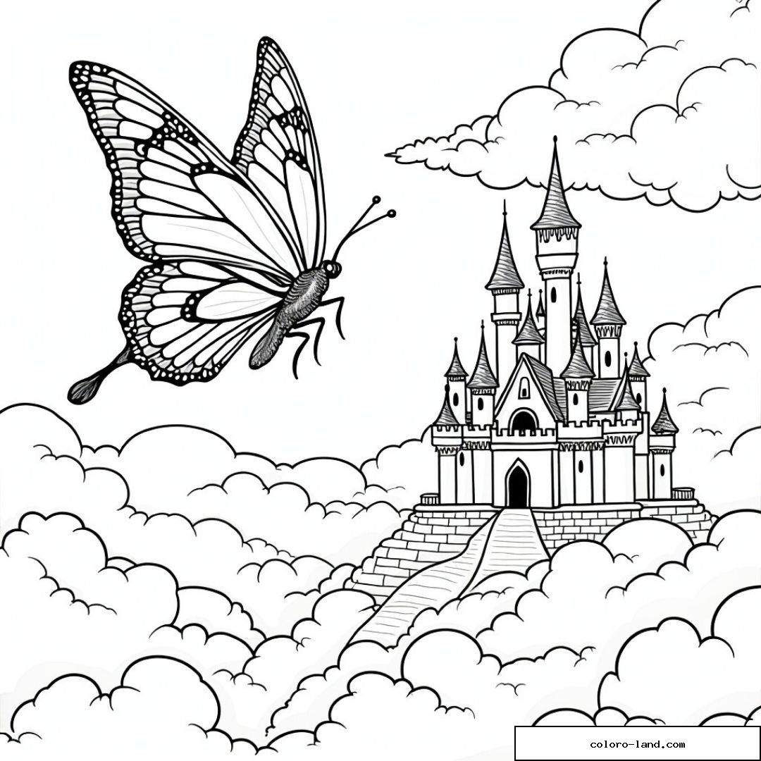Château féerique dans les nuages avec papillon géant
