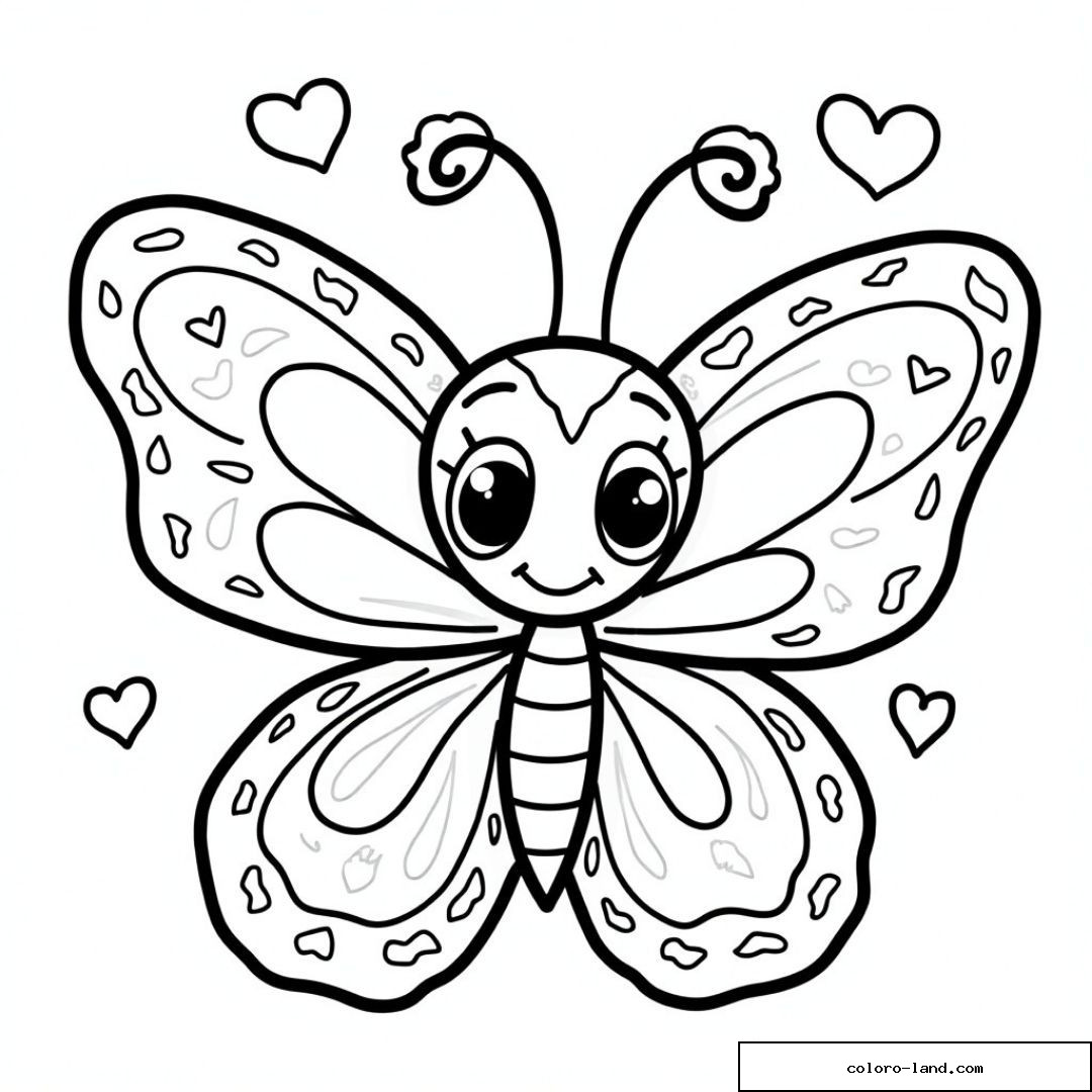Papillon mignon à colorier avec de grands yeux et des cœurs autour.