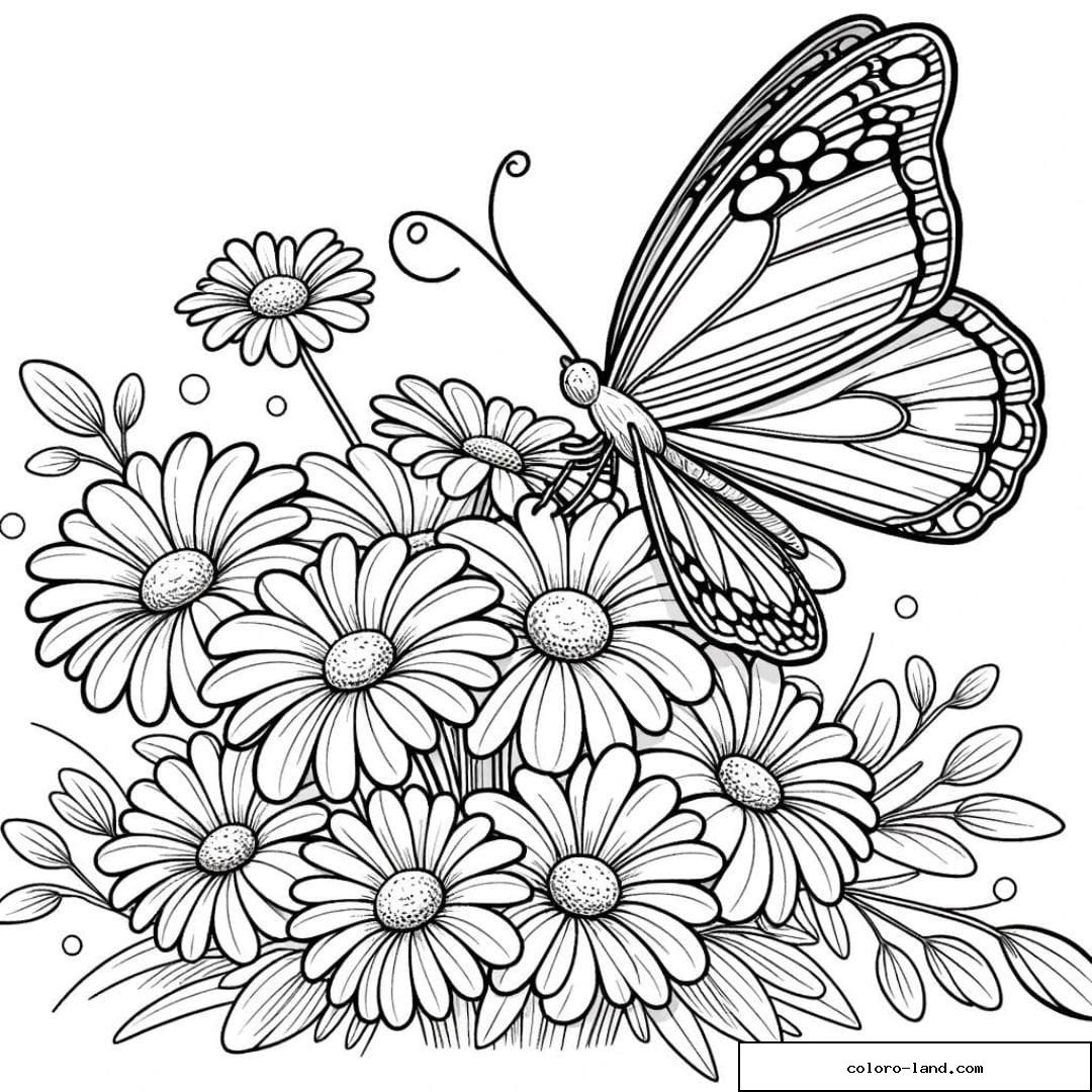 Papillon autour de marguerites à colorier.