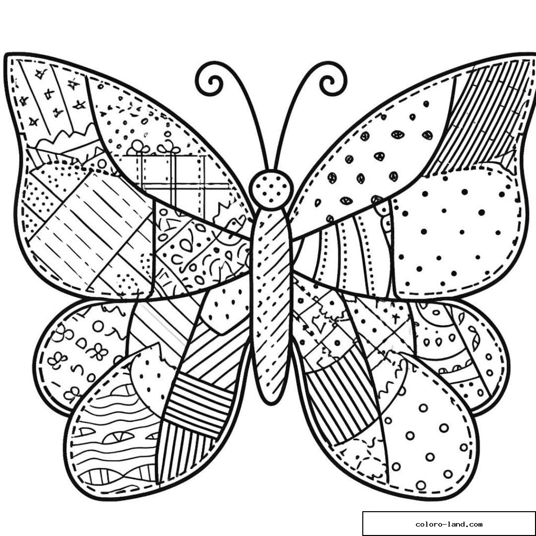 Papillon aux ailes patchwork à colorier.