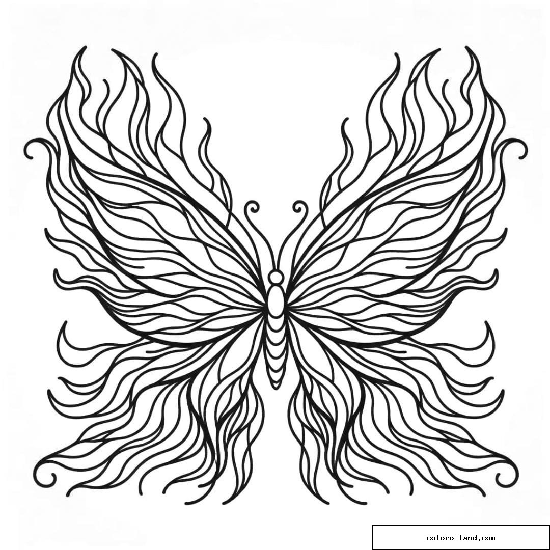 Papillon avec ailes en flammes à colorier.
