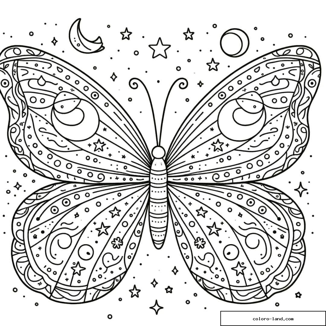 Dessin à colorier de papillon avec des motifs cosmiques