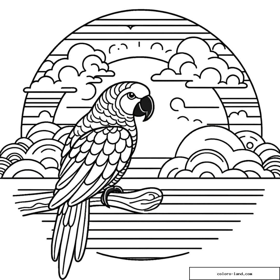 Coloriage d'un perroquet regardant un coucher de soleil