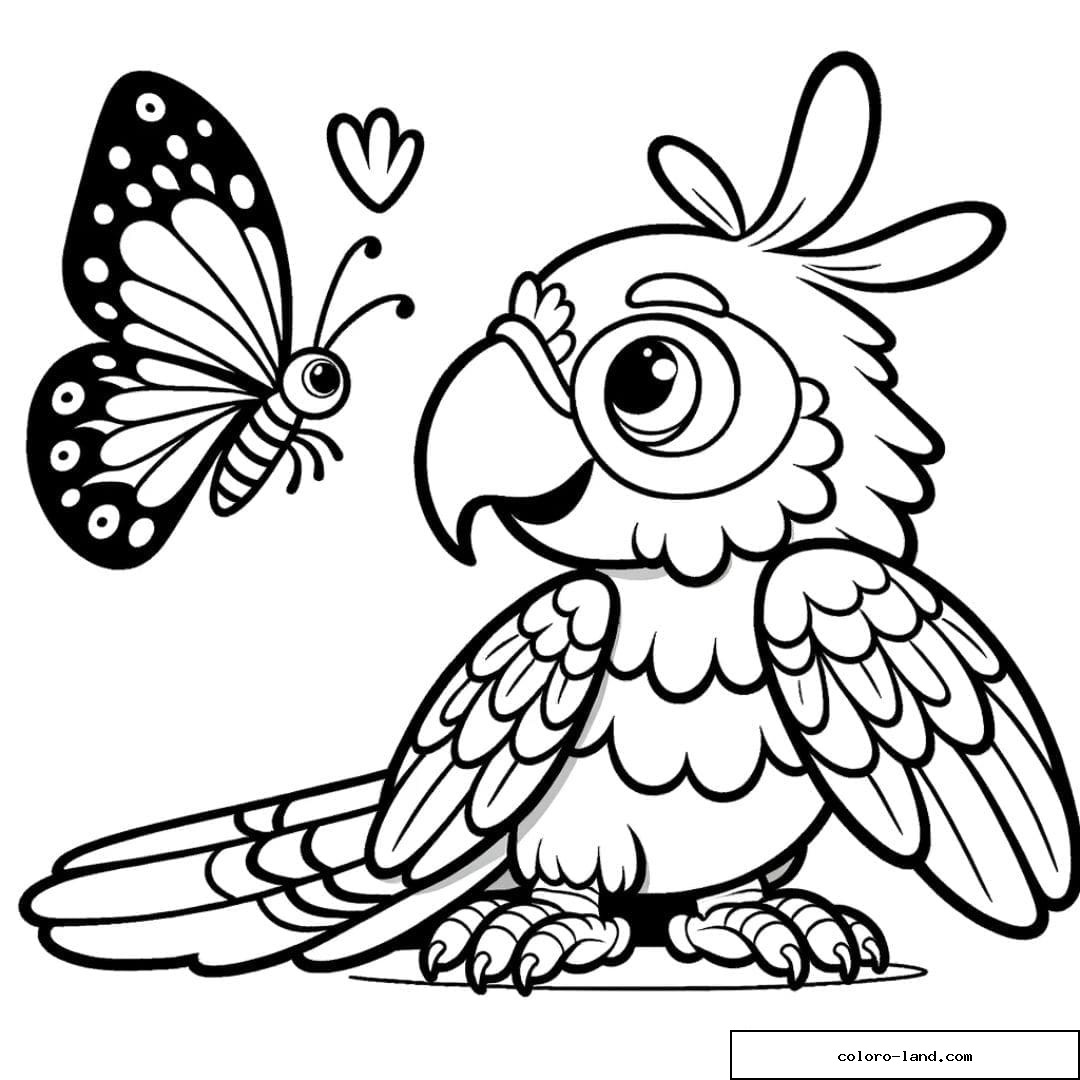 Coloriage de Perroquet regardant un papillon