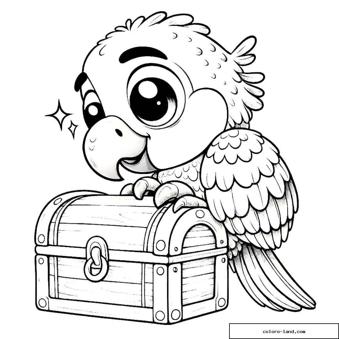 Un dessin à colorier d'un perroquet découvrant un trésor, une aventure captivante pour les enfants.