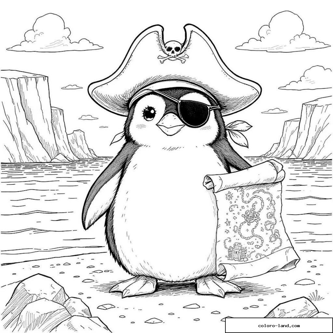 Pingouin pirate avec chapeau et carte au bord de la mer